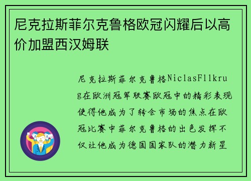 尼克拉斯菲尔克鲁格欧冠闪耀后以高价加盟西汉姆联